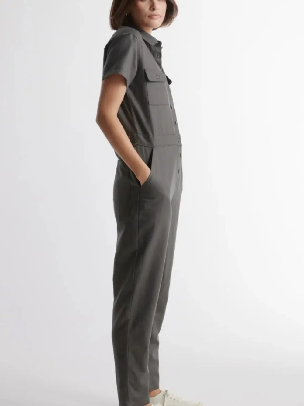 NWT Quince Cotton Linen Twill Short Sleeve Coverall Jumpsuit in Charcoal Size L